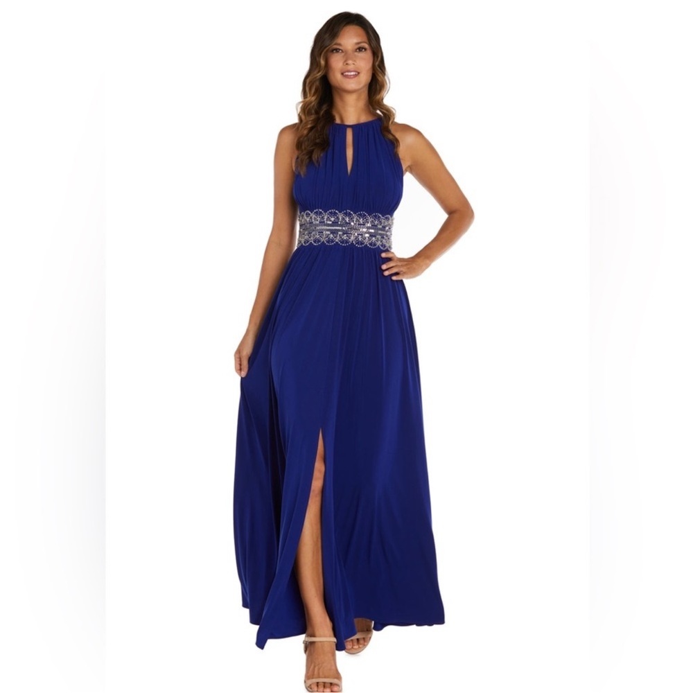 R & M Collection Elegant Blue Evening Dress with Embellished Waist